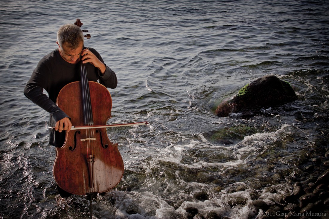 Sollima (Landscape - cello playing in sea) Giovanni Sollima & Kathryn Stott perform at Lancaster University - part of Live at LICA's International Concert season - on 20 November 2014.