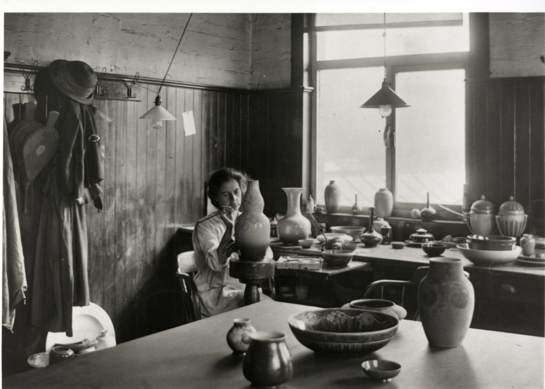 Unknown Artist, Gladys Rogers decorating a lustre pot, early 20th century; Peter Scott Gallery, Lancaster University Gladys Rogers decorating a lustre pot